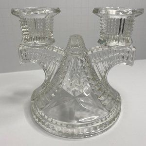 Vintage Pressed Glass Etched Art Deco Double Sided Candle Holder